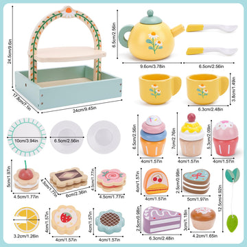 Wooden Tea Party Set for Little Girls, Tea Set Toddler Girl Toys, Pretend Play Tea Sets for Toddlers 3-5, Wooden Toys with Cupca
