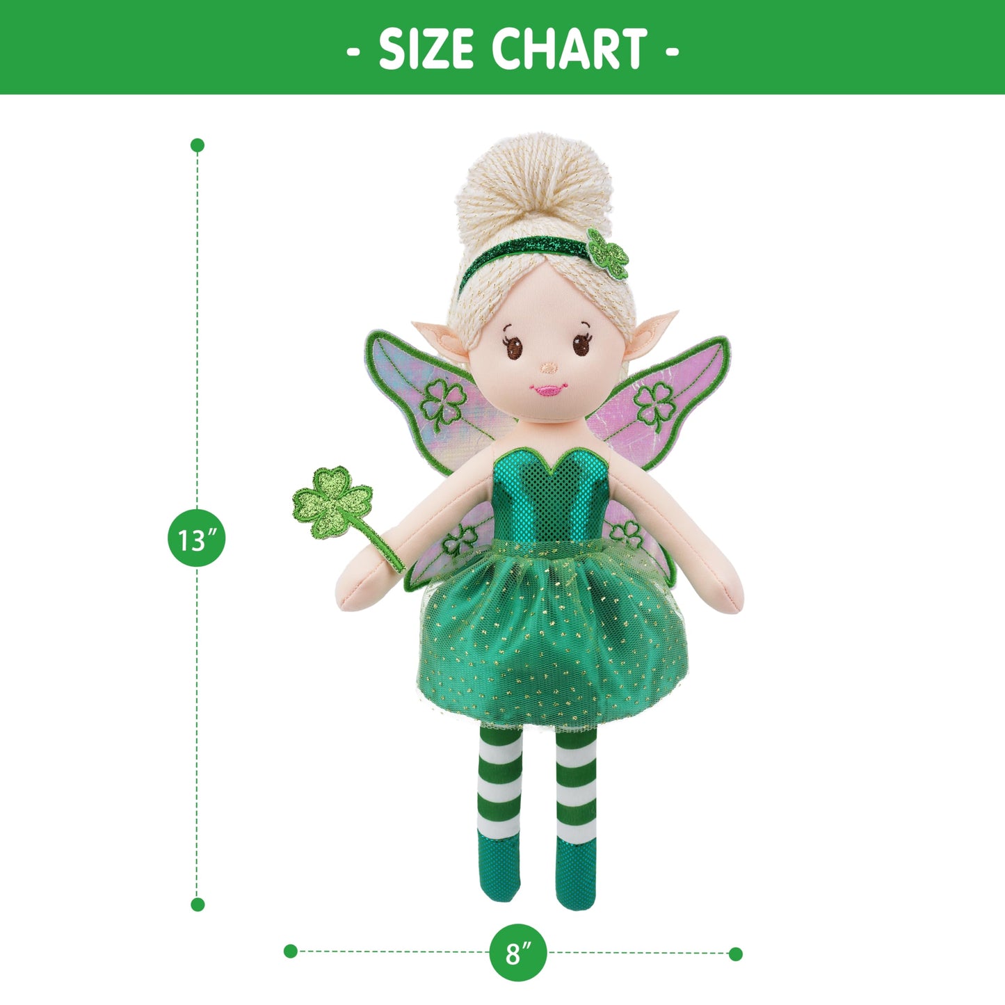 June Garden 12'' Enchanted Garden Fairy Doll Clover - Plush Stuffed Soft Doll Girl Gift - Green Outfit And Wings