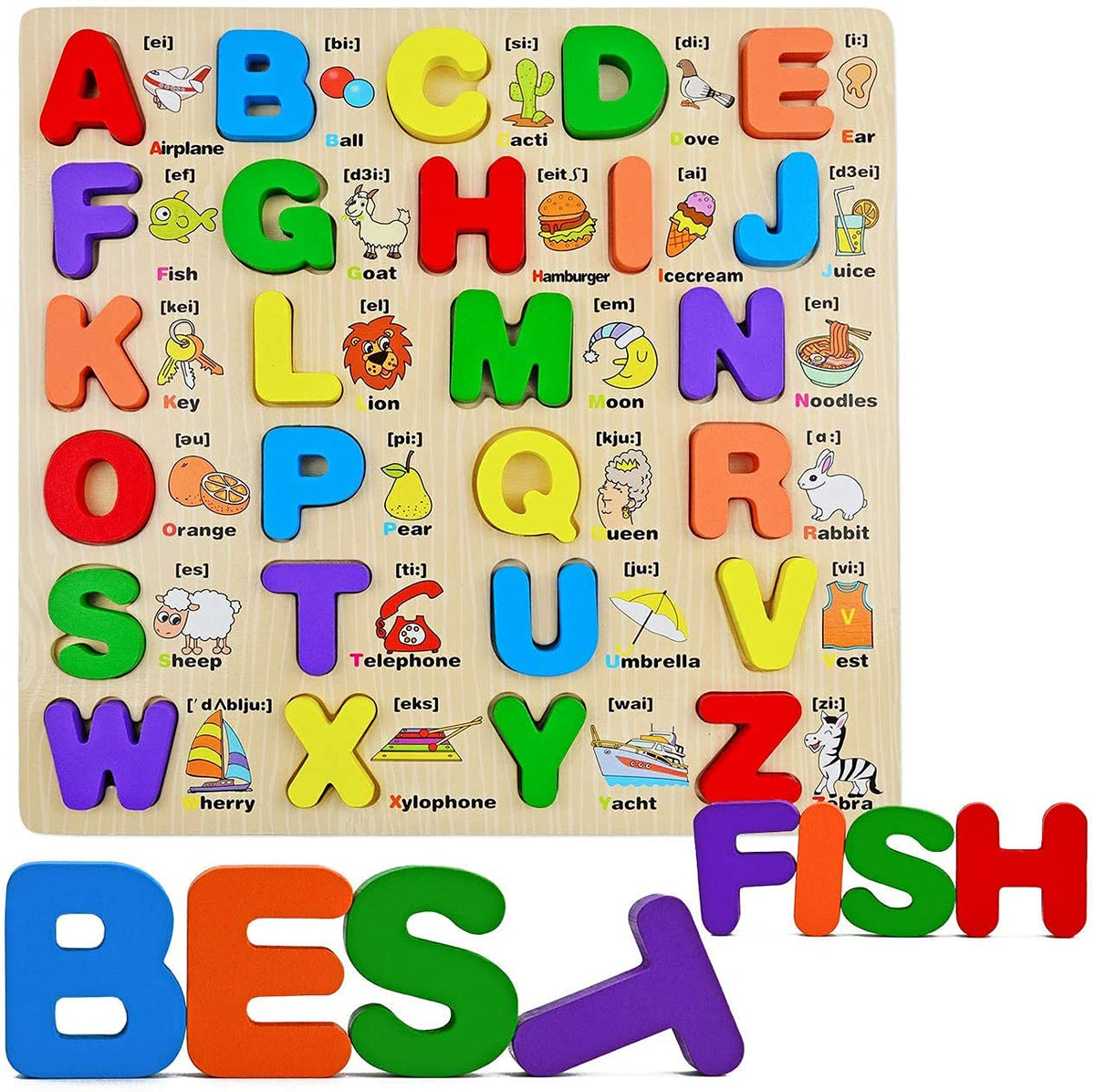 Authfort 3D Wooden Capital Alphabet Puzzles With Pictures For Children  Montessori Educational Learning Abc Letters Puzzle Boar