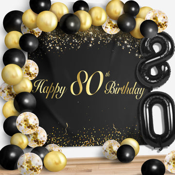 Happy 80Th Birthday Balloons Black Set Decor - Cheers To 80 Years Old Party Theme Garland Banner Backdrop Decorations For Women