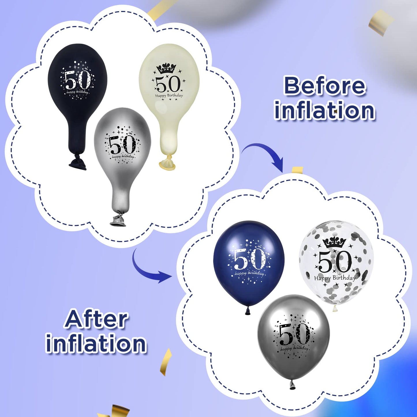 50Th Blue Birthday Balloons Decorations, 15Pcs Navy Blue Silver 50Th Birthday Balloons For Men Women 50 Anniversary Birthday Party Decor Latex Inflatable Clear Confetti Balloon Indoor Outdoor Supplies