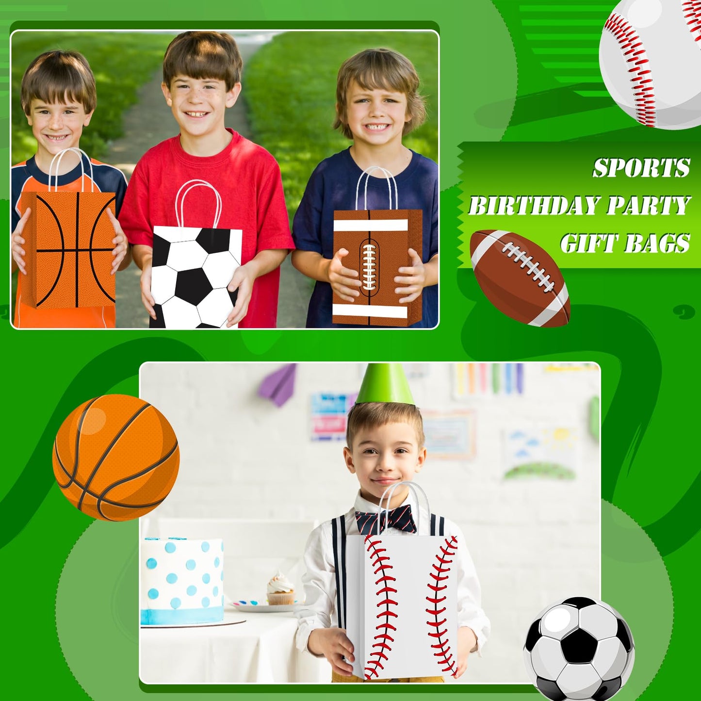 24 Pieces Sports Party Favor Bags Football Party Goodie Bag Sport Party Gift Bags with Handles for Soccer Baseball Basketball Fo
