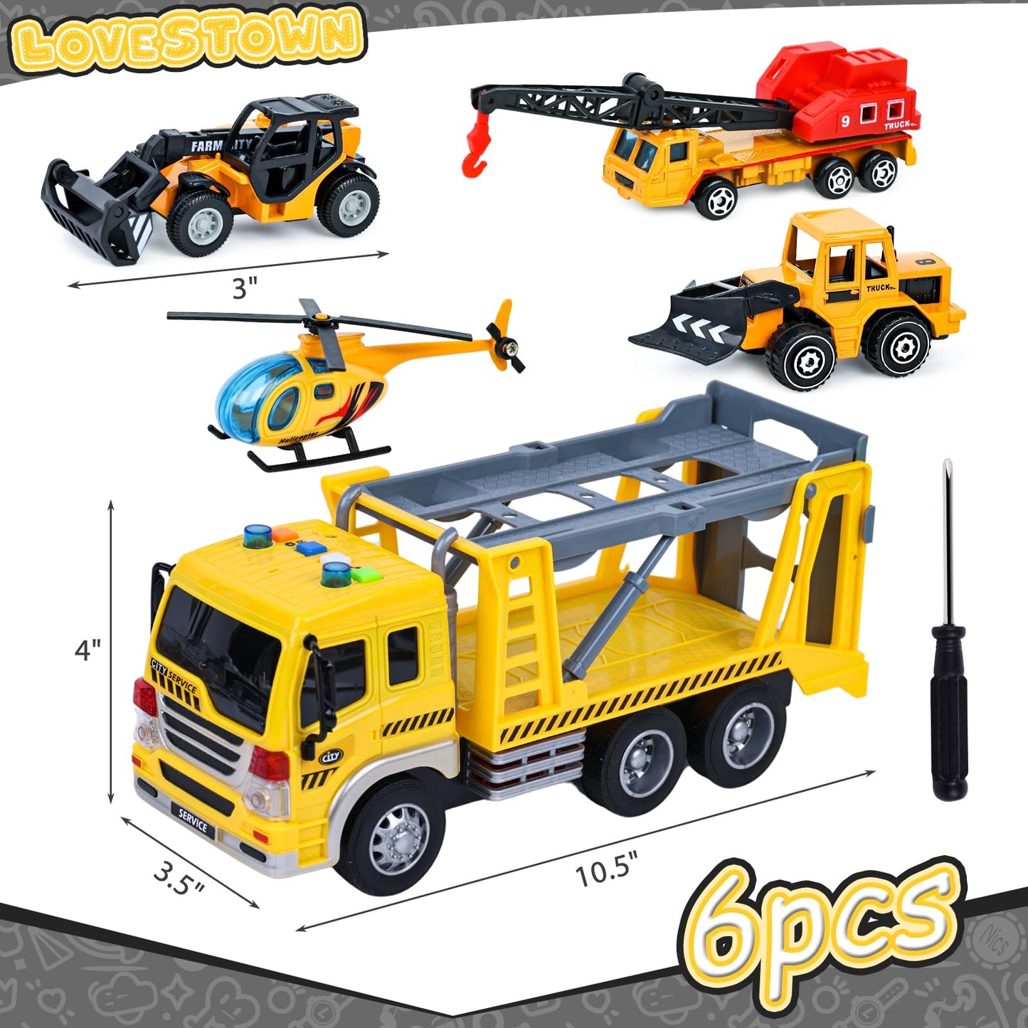 LovesTown 5PCS Construction Truck Toy Set, Large Truck with Lights and Sounds and Small Die-cast Engineering Trucks Helicopter S
