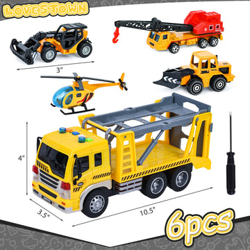 LovesTown 5PCS Construction Truck Toy Set, Large Truck with Lights and Sounds and Small Die-cast Engineering Trucks Helicopter S
