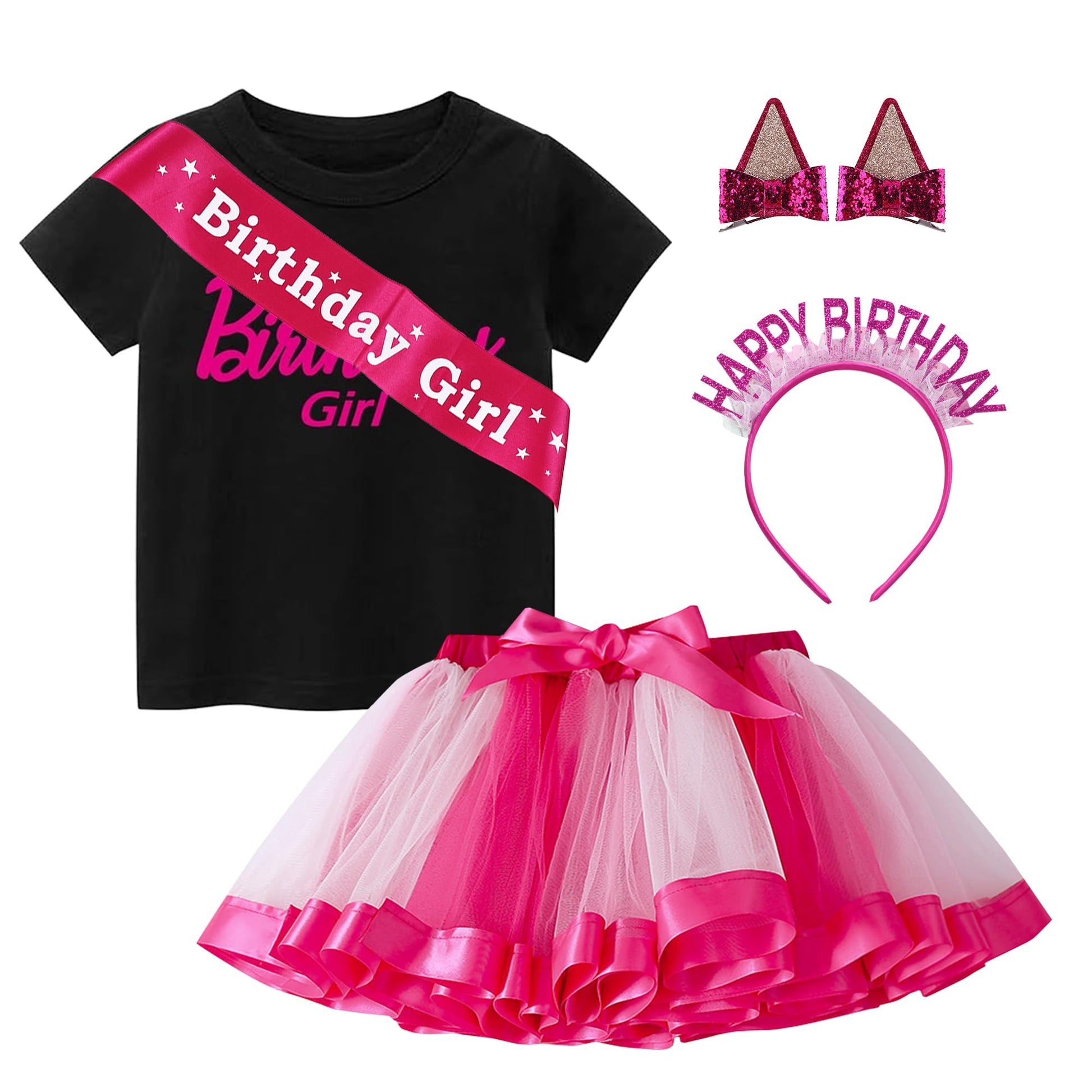 Yodison Girls Birthday Costume,T-Shirt And Tutu Dress,Headband Satin Sash Birthday Party For Kids(110Cm/4-5T) Black