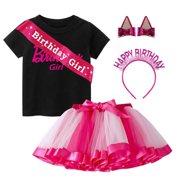 Yodison Girls Birthday Costume,T-Shirt And Tutu Dress,Headband Satin Sash Birthday Party For Kids(110Cm/4-5T) Black