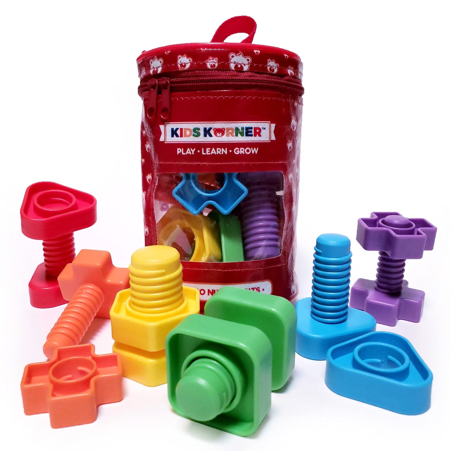 KIDS KORNER Jumbo Nuts and Bolts - Montessori Fine Motor Skills Game, 12 pcs, ABS Plastic, Rainbow Colors, Model [PO]
