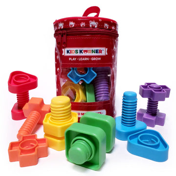 KIDS KORNER Jumbo Nuts and Bolts - Montessori Fine Motor Skills Game, 12 pcs, ABS Plastic, Rainbow Colors, Model [PO]