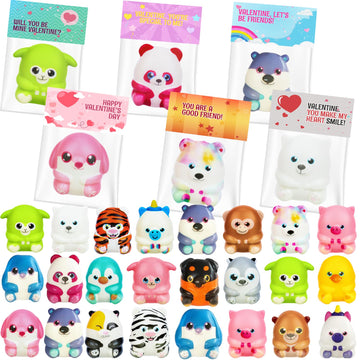 Gralima Valentines Day Gifts For Kids, 24Pcs Valentines Day Cards For Kids School With Cute Animal Squishy Toys, Valentines Gift
