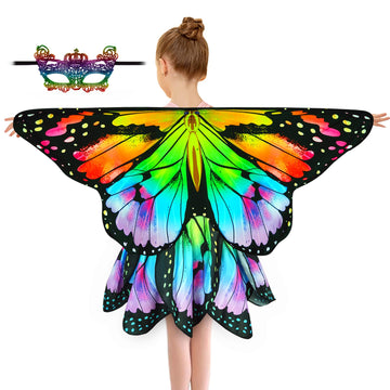 Sunlisky Kids Butterfly Wings Costume For Girls Fairy-Wings Mask Party Favors Gifts (Rainbow+Skirt Sets)