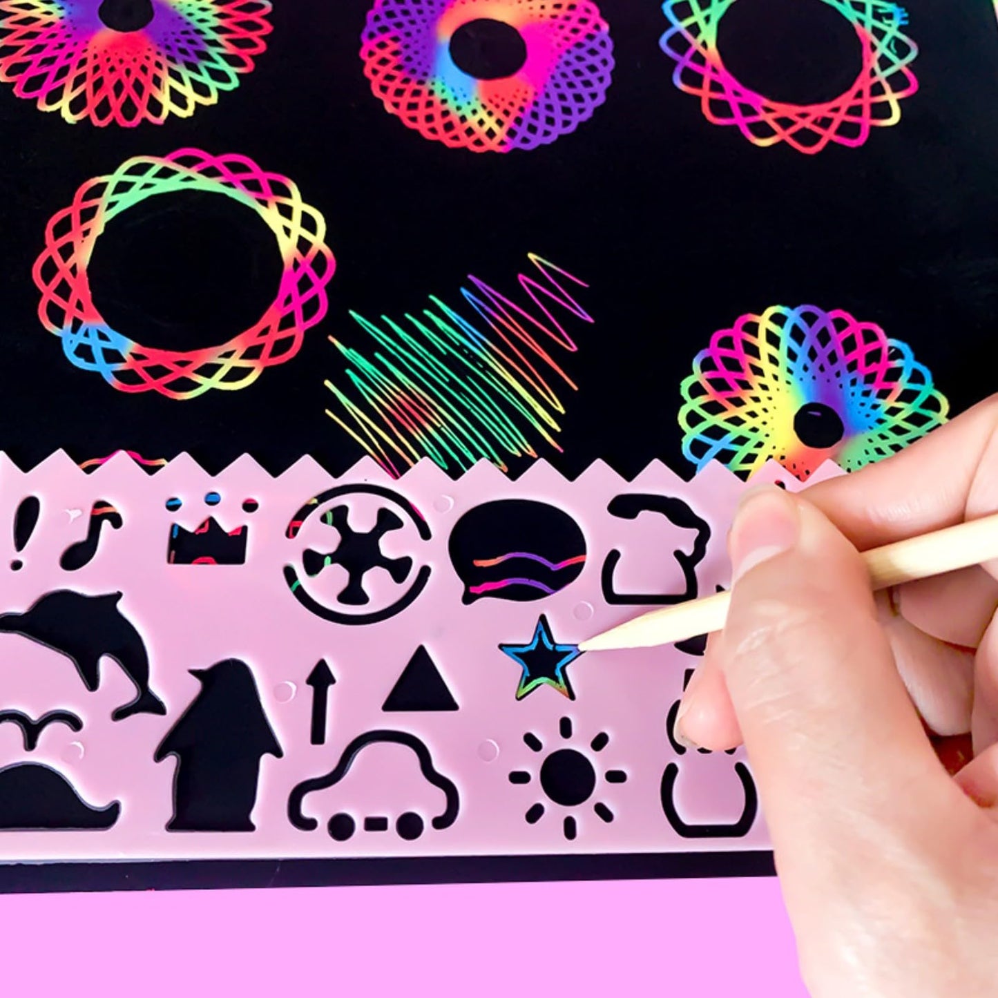 Cityrosy 32 pcs Drawing Stencils,Rainbow Scratch Paper for Stencils, Kids Activity Kit,Suitable for Classroom,Birthday,Party