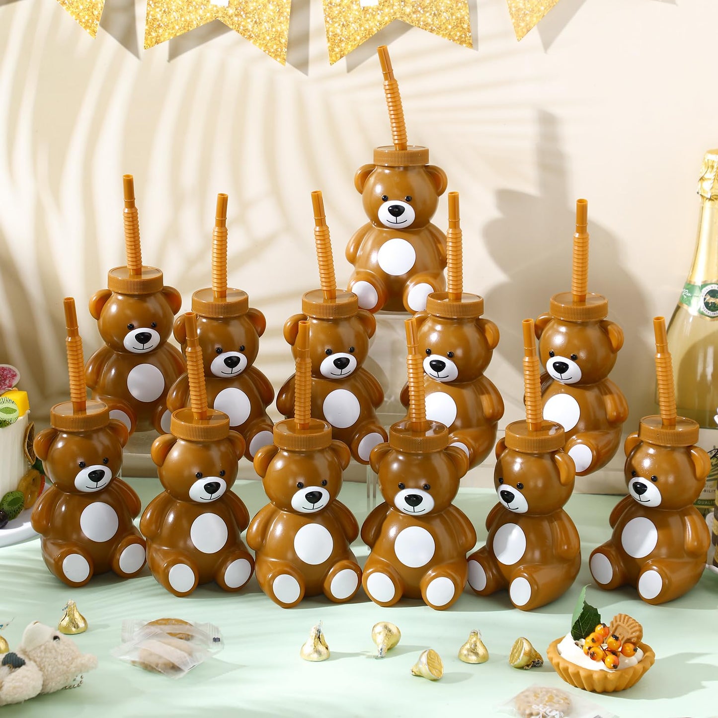 Maxdot 12 Pieces Baby Shower Birthday Party Favor Gift Supplies Bear Cups with Straws,10 oz Plastic Bear Shape Cup Reusable Crea