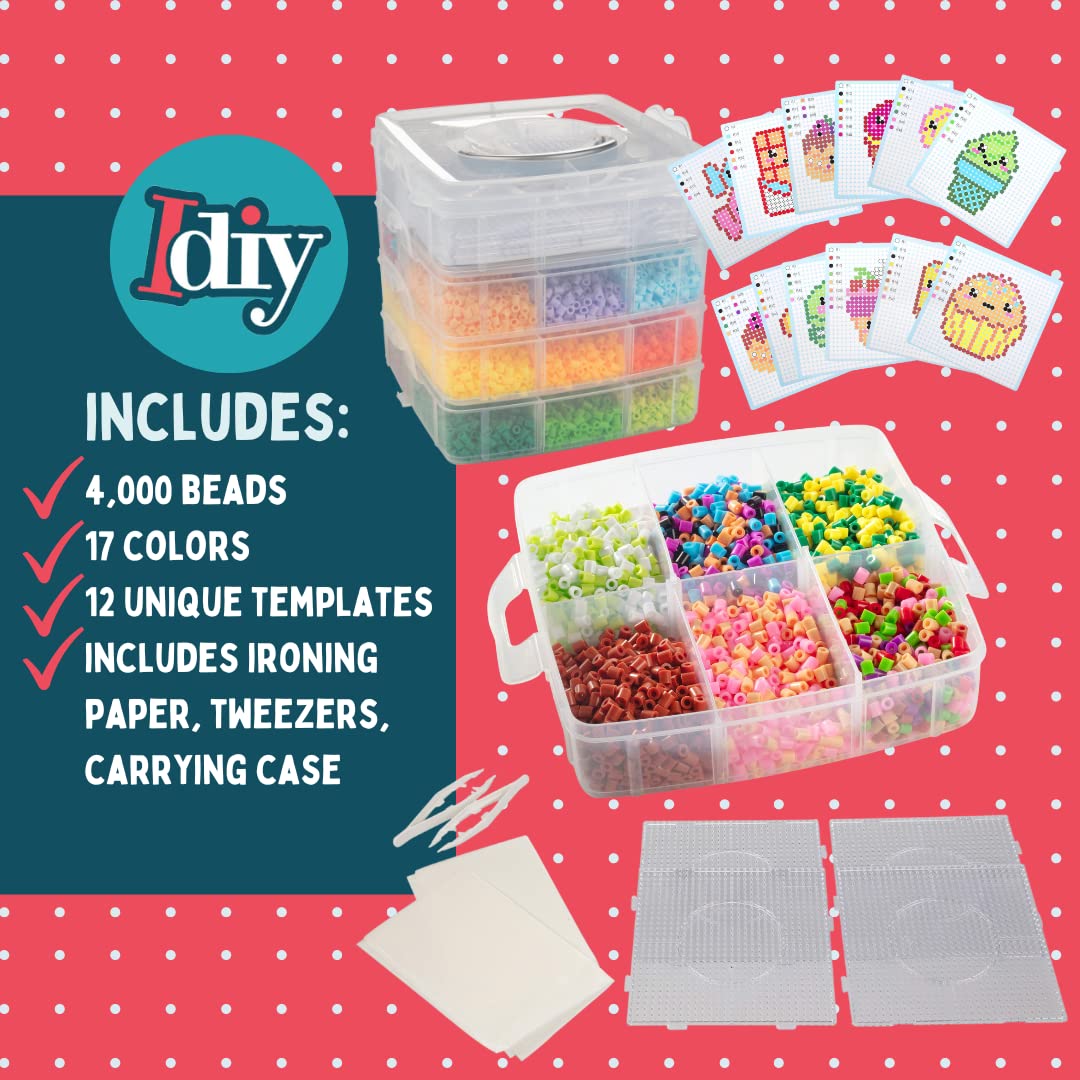 SCS Direct 4,000pc Fuse Beads Sweet Treats w CASE -17 Colors, 12 Unique Templates, 2 Peg Boards, Tweezers, Ironing Paper - Bulk