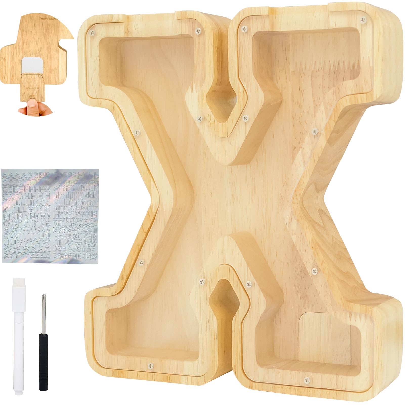 Bitreeworks Letter Piggy Bank, Personalized Wooden Coin Banks, Large Wood Money Peny Bank For Adults (9'', Alphabet X)