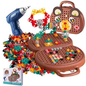 Kaemgyyd Magic Montessori Play Toolbox, 203Pcs Magic Montessori Play Toolbox Bear with Drill, 2D/3D Creativity Tool Box Montesso