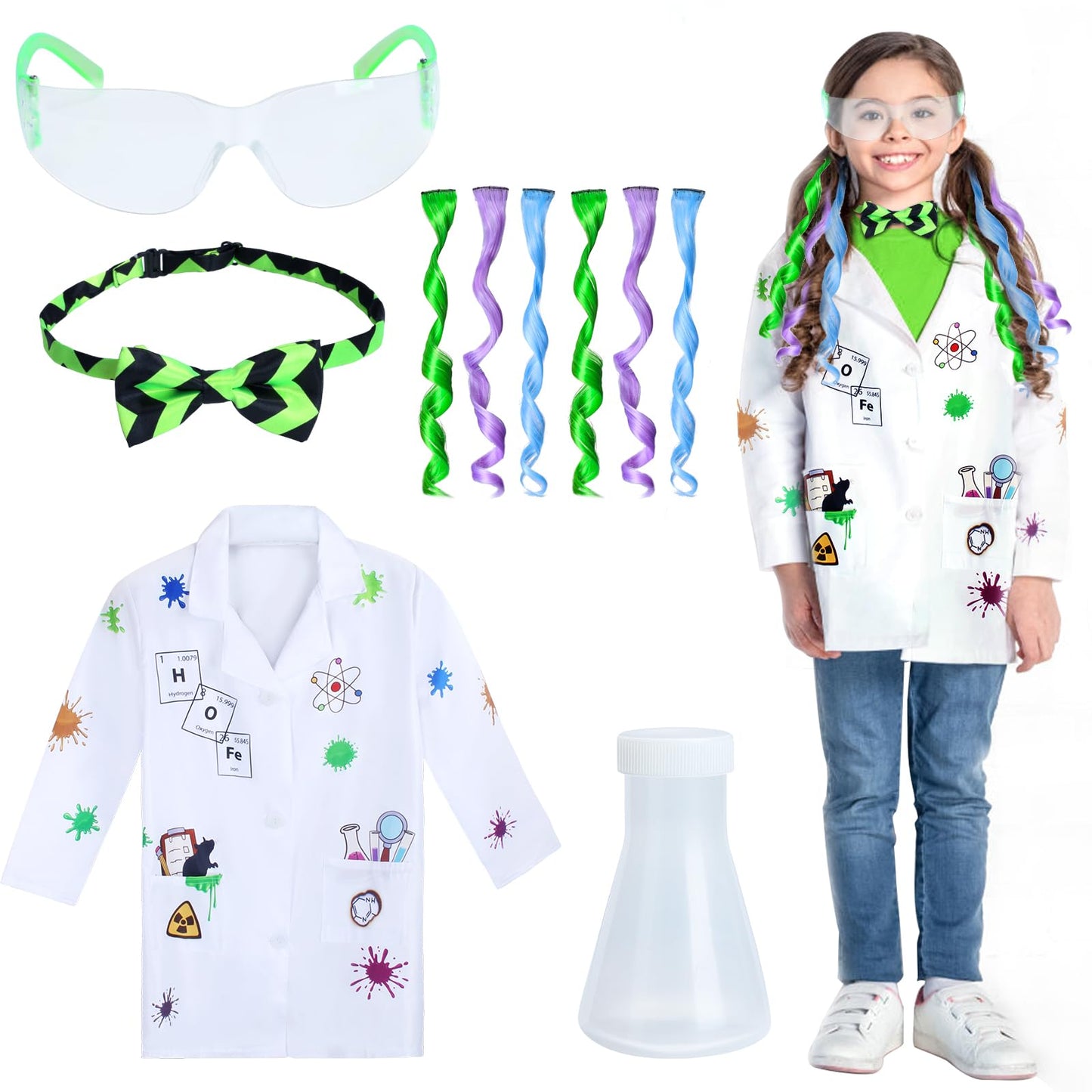 Keymall Mad Scientist Costume For Girls Mad Scientist Lab Coat Goggles Bow Tie Hair Extension For Halloween Dress Up (Set A)