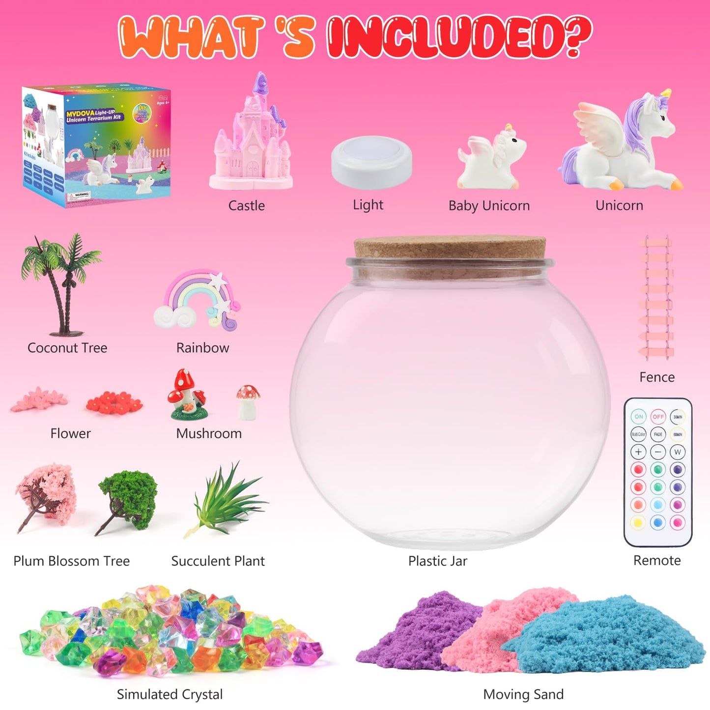 Mydova Unicorn Terrarium Crafts Kit For Kids - Unicorn Birthday Gifts Toys With Led Night Light-Up & Remote Control Diy Unicorns
