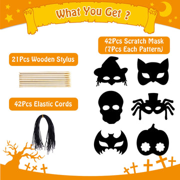 MGparty Halloween Crafts 42PCS Halloween Rainbow Scratch Mask Magic Scratch Paper Art for Kids Birthday Classroom Decoration Par