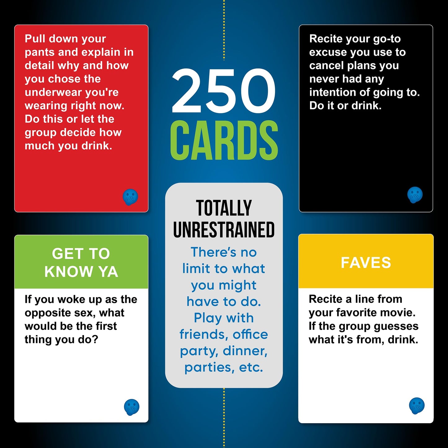 Do or Drink Conversation Cards - 250 Fun Drinking Game Cards for Adults - Blue - Get to Know Your Friends Better