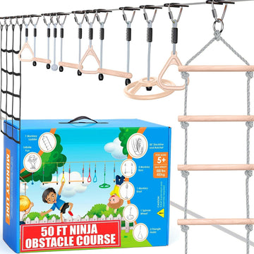 Ninja Warrior Obstacle Course For Kids, 2 X 50 Ft Slackline Set, Holds Up To 880 Lbs, 10 Weatherproof Obstacles & Monkey Net, Outdoor Ninja Course For Ages 5-12, Setup On Trees Or Posts