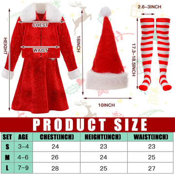 Panitay 4 Pcs Girls Christmas Costume Red Santa Claus Outfit Hat Jacket Dress Tights For Little Girls Kids Holiday Cosplay (Medi