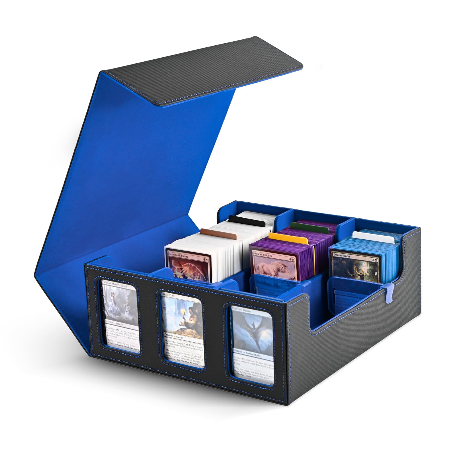 Uaono Card Storage Box For Trading Cards, 1800+ Commander Deck Box For Mtg With Display Window, Toploader Card Case Fits Tcg Ptcg Sports Cards; 10 Removable Divider Tabs, 3 Stoppers (Black, Blue)