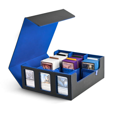 Uaono Card Storage Box For Trading Cards, 1800+ Commander Deck Box For Mtg With Display Window, Toploader Card Case Fits Tcg Ptcg Sports Cards; 10 Removable Divider Tabs, 3 Stoppers (Black, Blue)