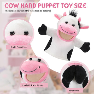 Zomiboo Hand Puppets Soft Animal Hand Plush Toy With Movable Mouth Imaginative Pretend Play Stocking Storytelling Interactive Toy (Cow)