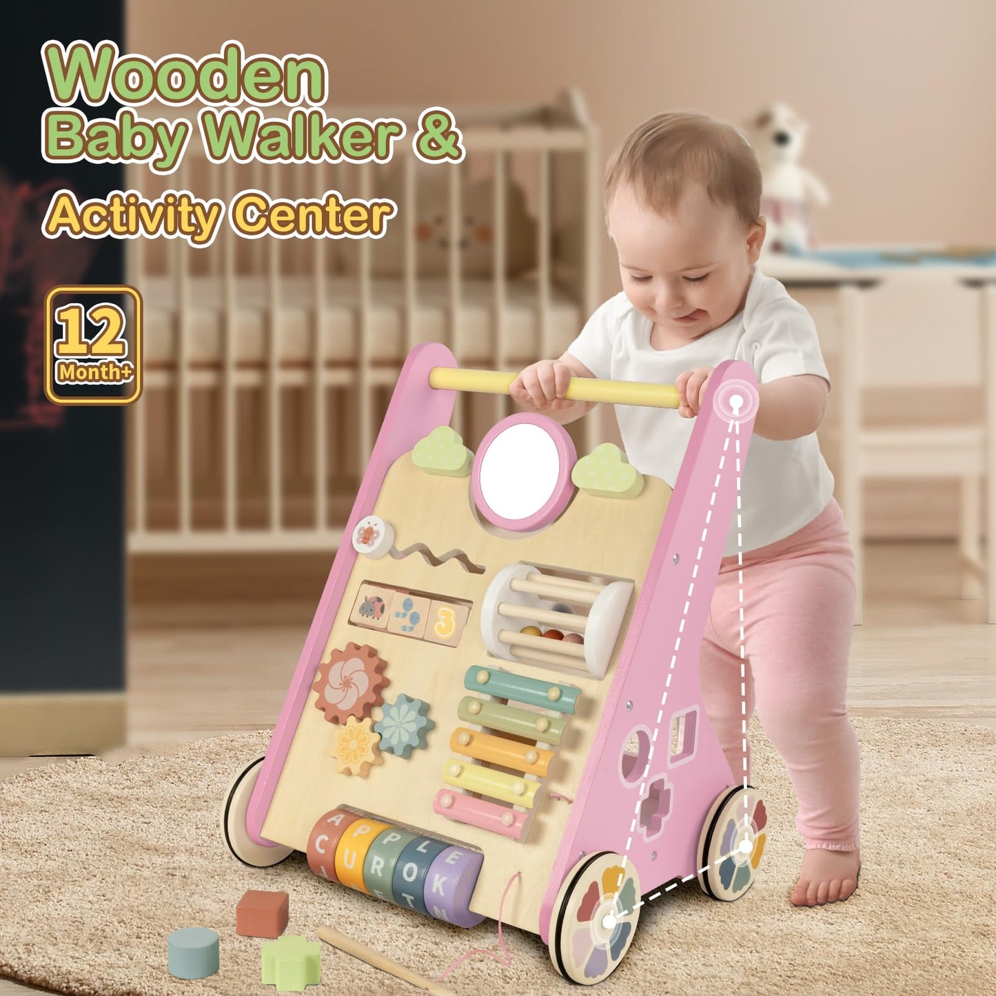 Baby Walker With Wheels, Wooden Push Walker Toys For Babies 6-12 Months, Baby Girl Walking Activity Toys For 1 Year Old