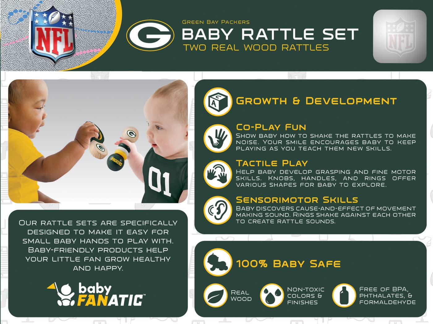 Babyfanatic Wood Rattle 2 Pack - Nfl Green Bay Packers - Officially Licensed Baby Toy Set