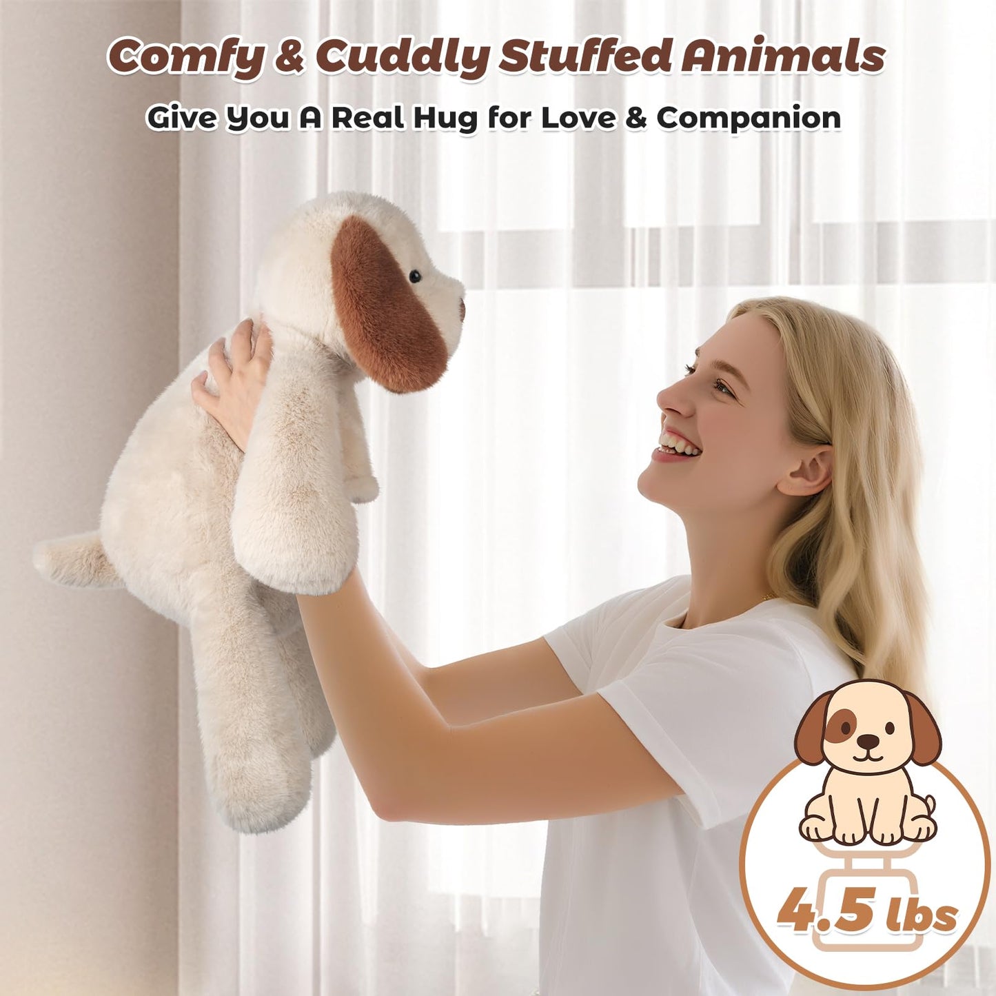 Bobbie & Laxi 24" Weighted Dog Stuffed Animal, Brown Cotton Plush Toy, Adjustable Sitting & Laying, Model BL-D