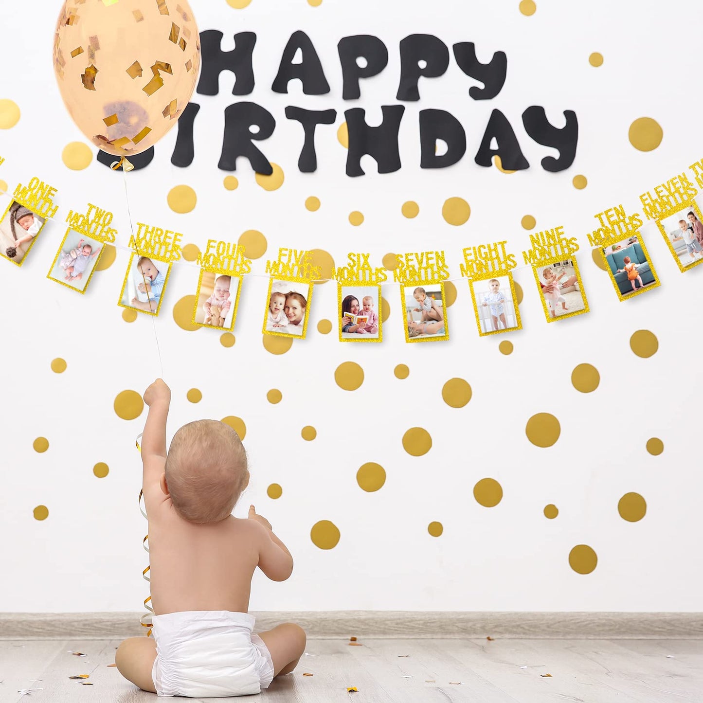 Whaline 1St Birthday Baby Photo Banner For Newborn To 12 Months, Monthly Milestone Photograph Bunting Garland, First Birthday Celebration Decoration (Gold)
