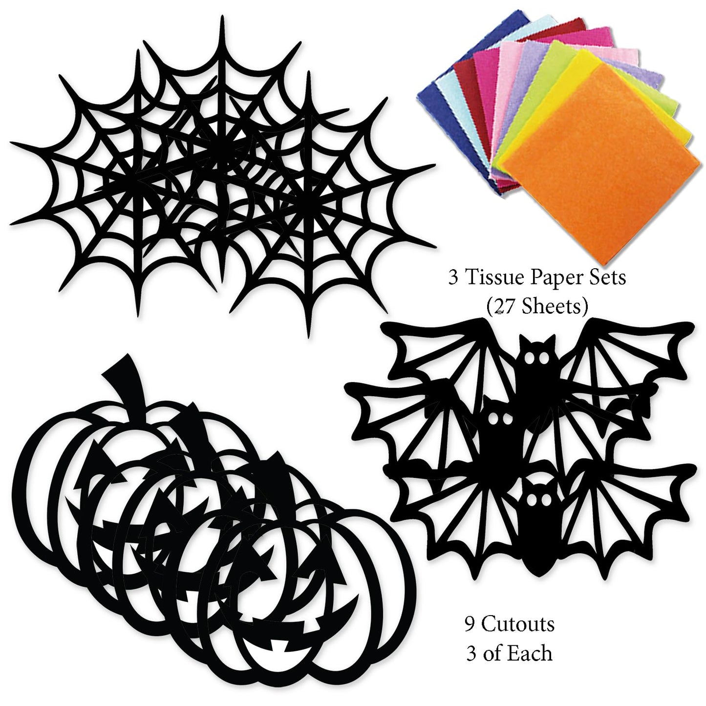 VHALE Suncatchers Craft Kit - 3 Sets (9 Cutouts), Medium Black Paper, Stained Glass Effect for Kids Arts & Crafts, Halloween Party Favors