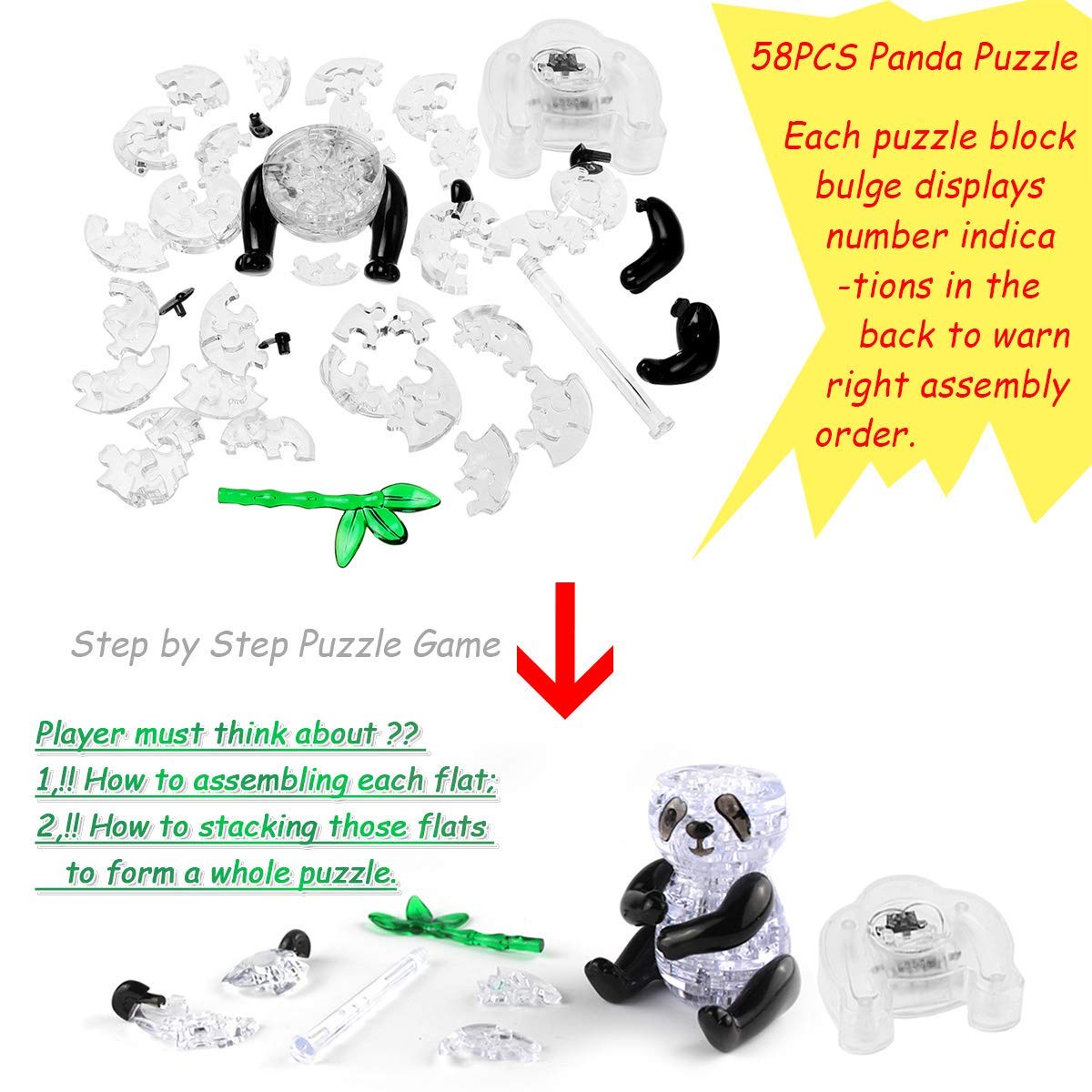 Coolplay 3D Crystal Puzzle Panda Gifts, Desk Toys With Light-Up Base 58 Pieces
