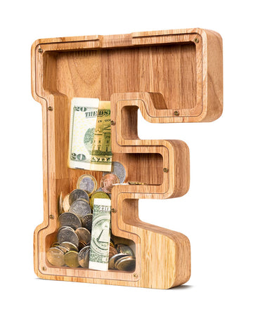 Summidate Wooden Letter Piggy Bank| Piggy Bank For Boys Girls Toddler| Alphabet F Money Bank| Coin Bank Birthday Gift For Kids|2024 Graduation Money Box (F)
