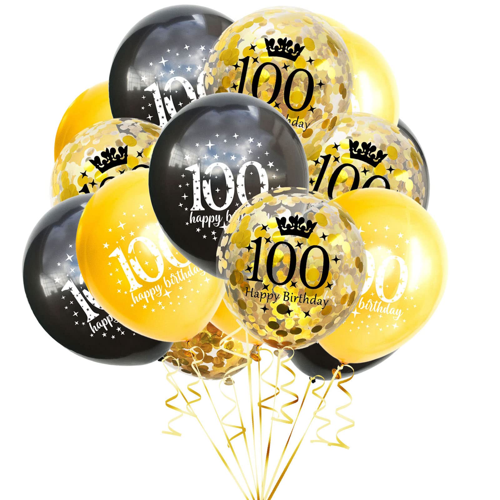 SHUNTAI 100th Birthday Balloons Latex Confetti Balloon Gold and Black 100th Birthday Decorations for Men Women 100 Years Old Ann