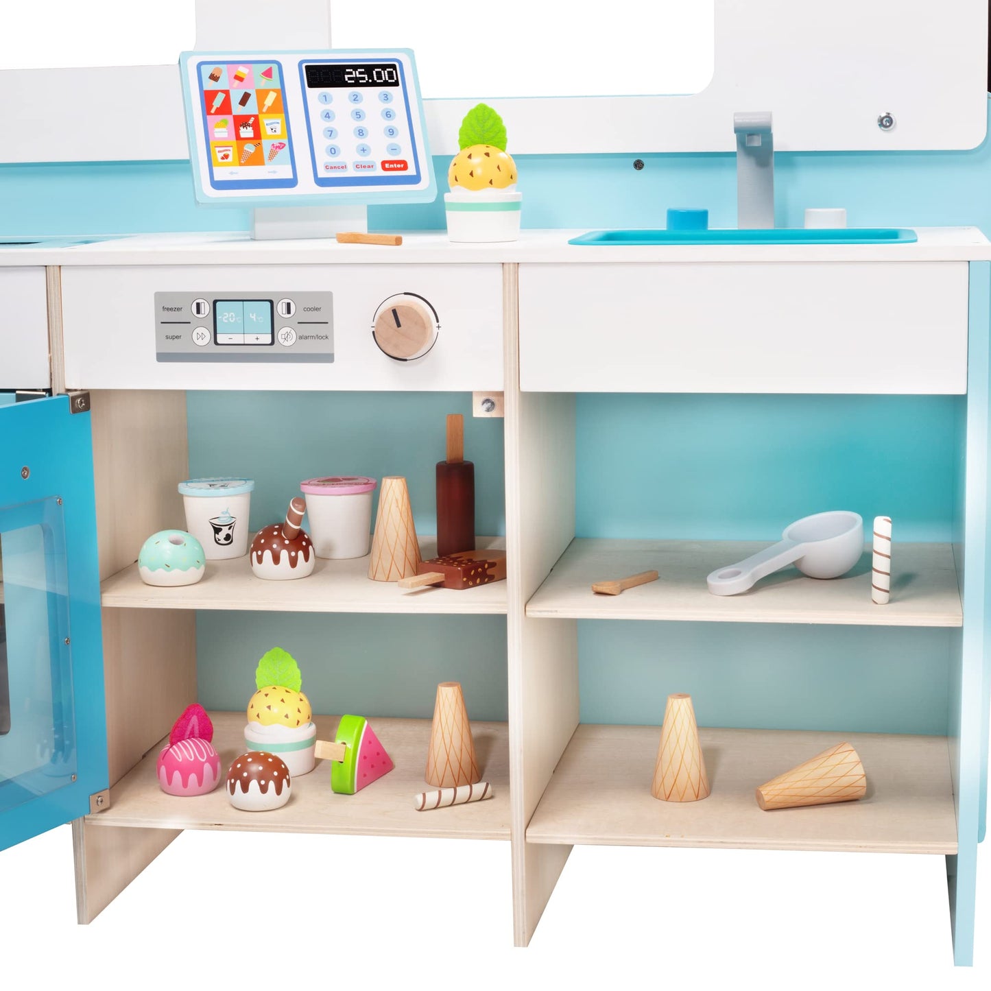 Ice Cream Truck Wooden Playset- 20 Fun Toy Pieces Including Freezer, Steering Wheel Sink & Sticker Sheet for Kids Name, Includes