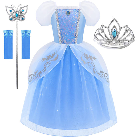 Aolliya Princess Dress for Girls, Blue Puff Sleeves Costume, 4T-4/110, Polyester, Model AY-P14-110-FBA, Perfect for Halloween & Cosplay