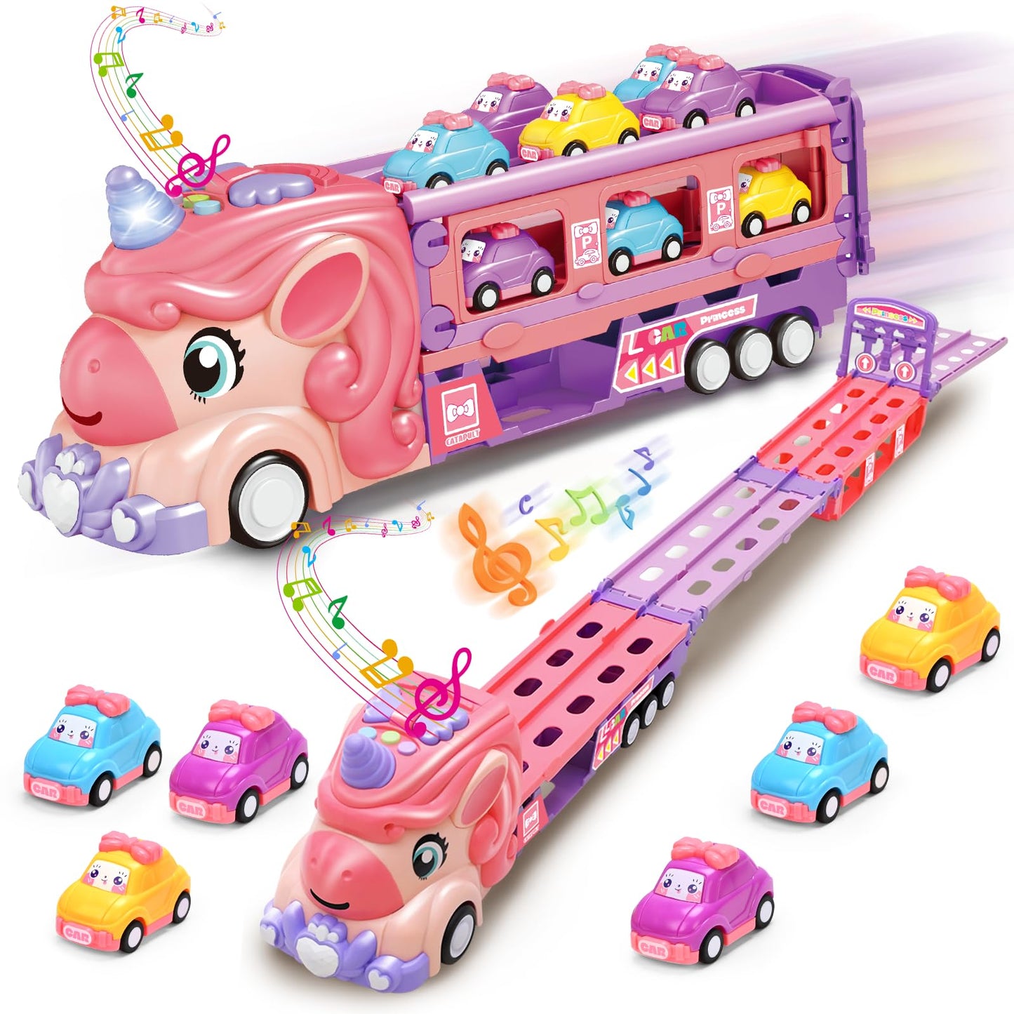 Car Toys for 3 4 5 6 7 Year Old Toddler Girl, Toys Truck & Foldable Race Track Car Toys with Light & Sound, Birthday Gift for Ki