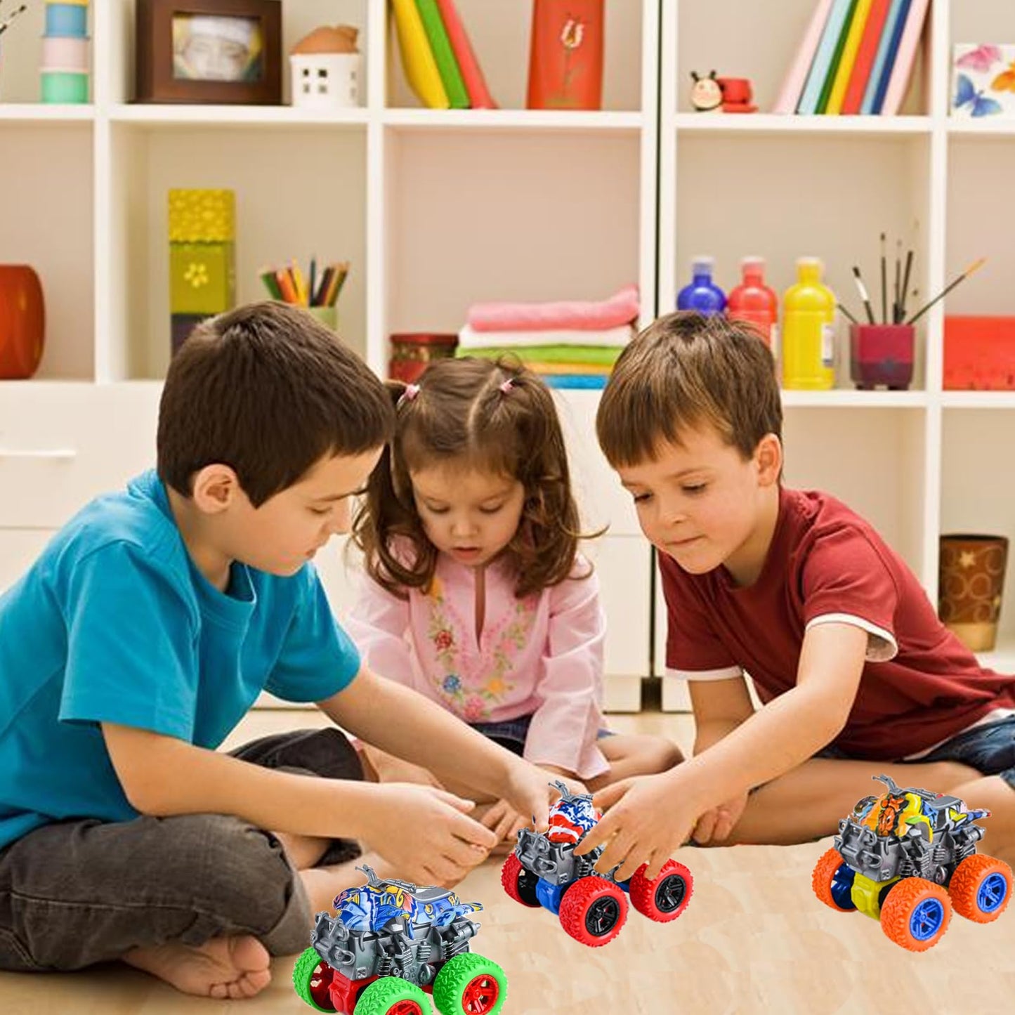LEFEI Monster Truck Toys - 4 Pack Friction Powered Toy Motorcycle Cars Push and Go Car Truck Playset for Boys Girls Toddler Aged