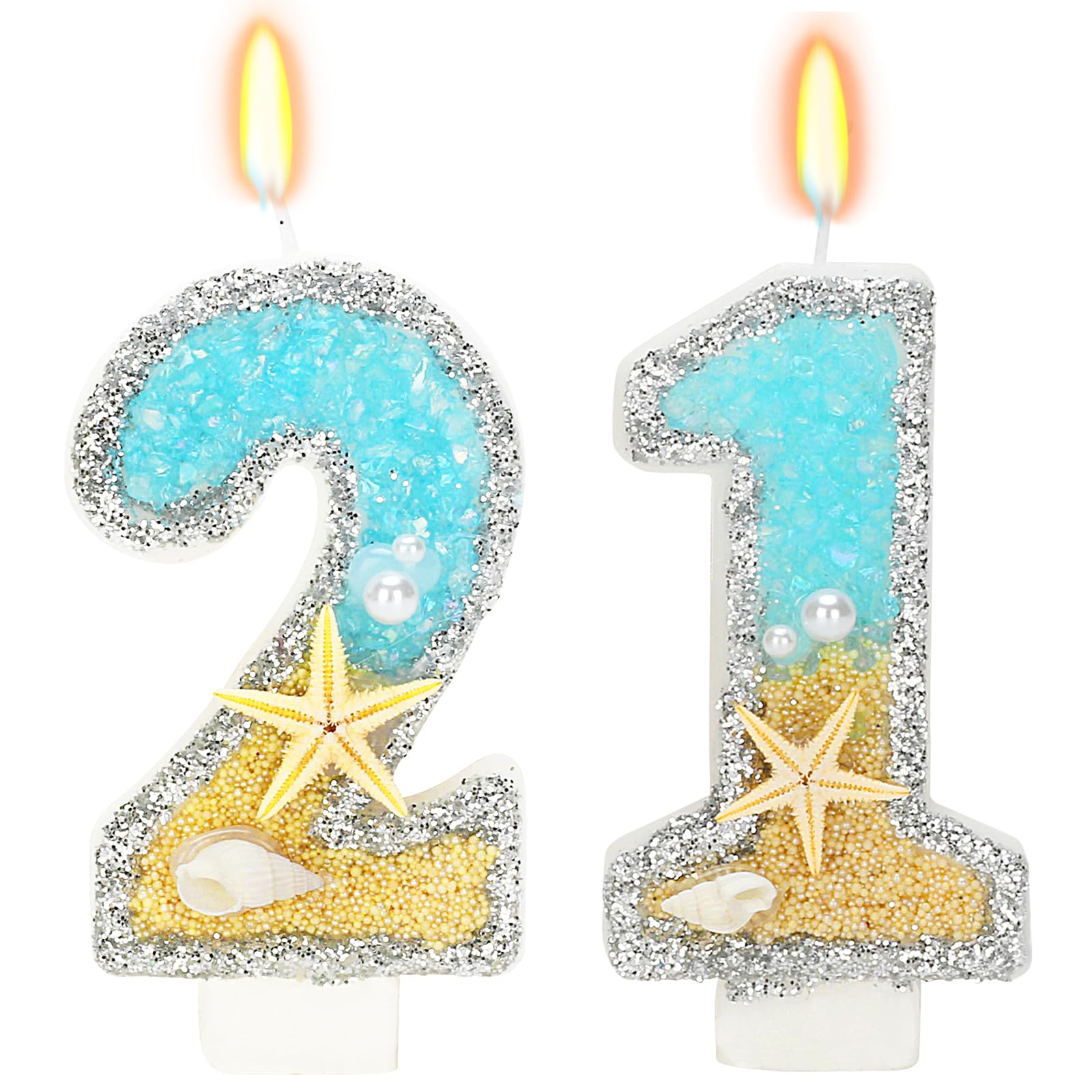 ElekFX 21th Birthday Candle for Cake, Beach Starfish Sequins Number Cake Candles, 2.76 inch Number 21 Happy Birthday Candle, Cak