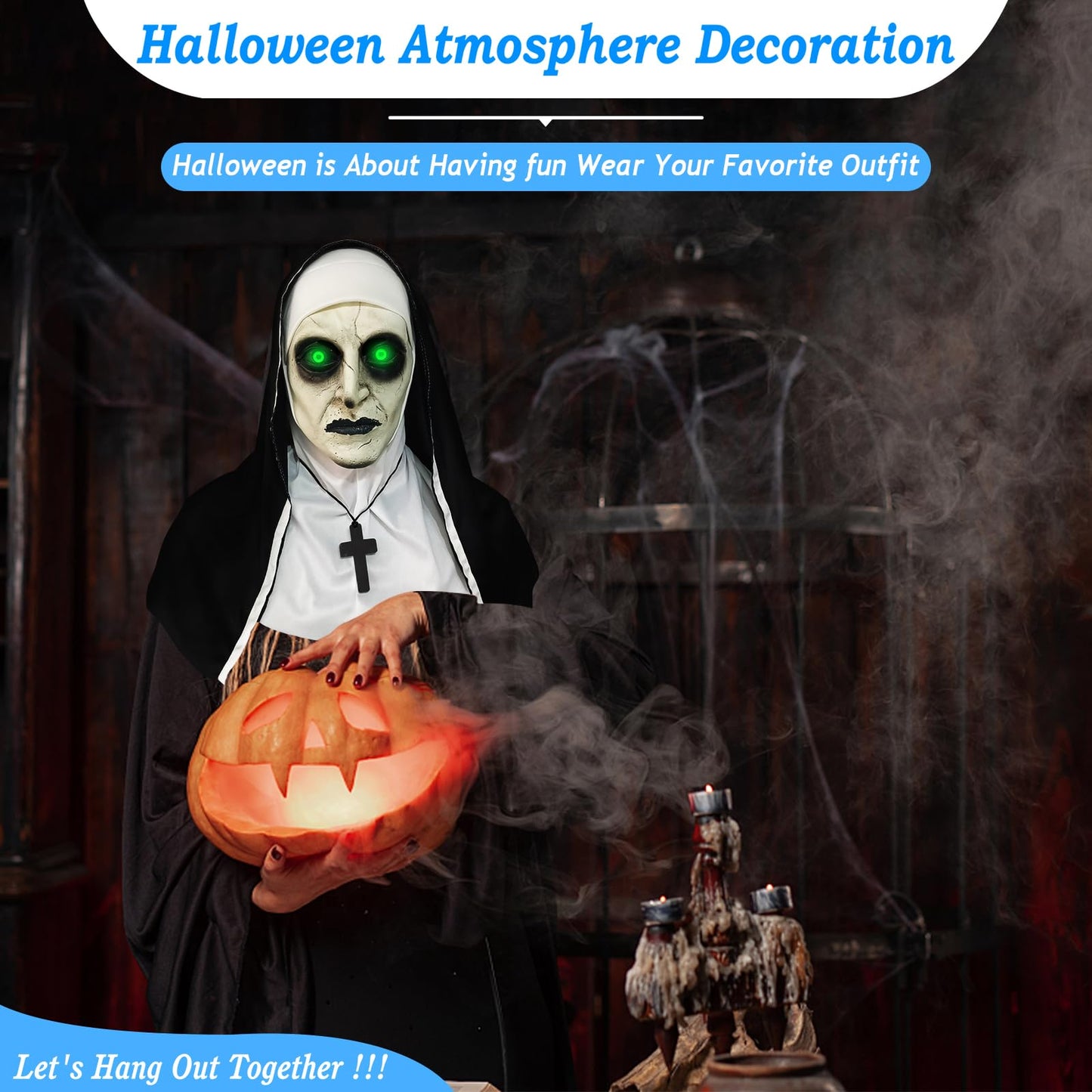 lewexiison 2024 Nun Scary Mask,Halloween Party Scary Full Head Costume Mask with cross necklace,Shut Up Lights