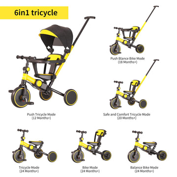 Tricycle for Toddlers 1-3, 6 in 1 Toddler Balance Bike for Boy Girl, Folding Toddler Tricycle with Push Handle, Removable Canopy