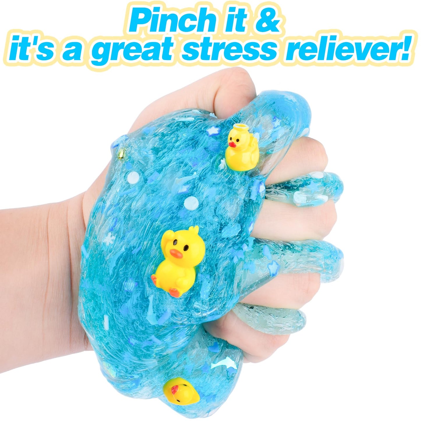 Blue Crunchy Crystal Slime with 3 Yellow Duck Charms, Ocean Series Big Scented Slime Bucket for Kids, Super Soft, Party Favor, B