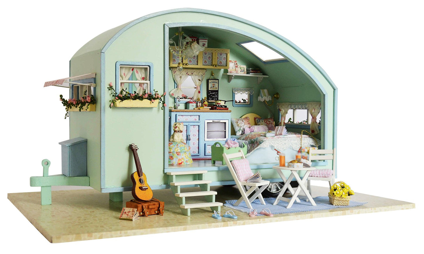 DIY Miniature Doll House Kit  CUTEROOM Caravan Doll House Kit with Furniture  Mini Wooden Dollhouse Toys for mature-themed Birthday Gift