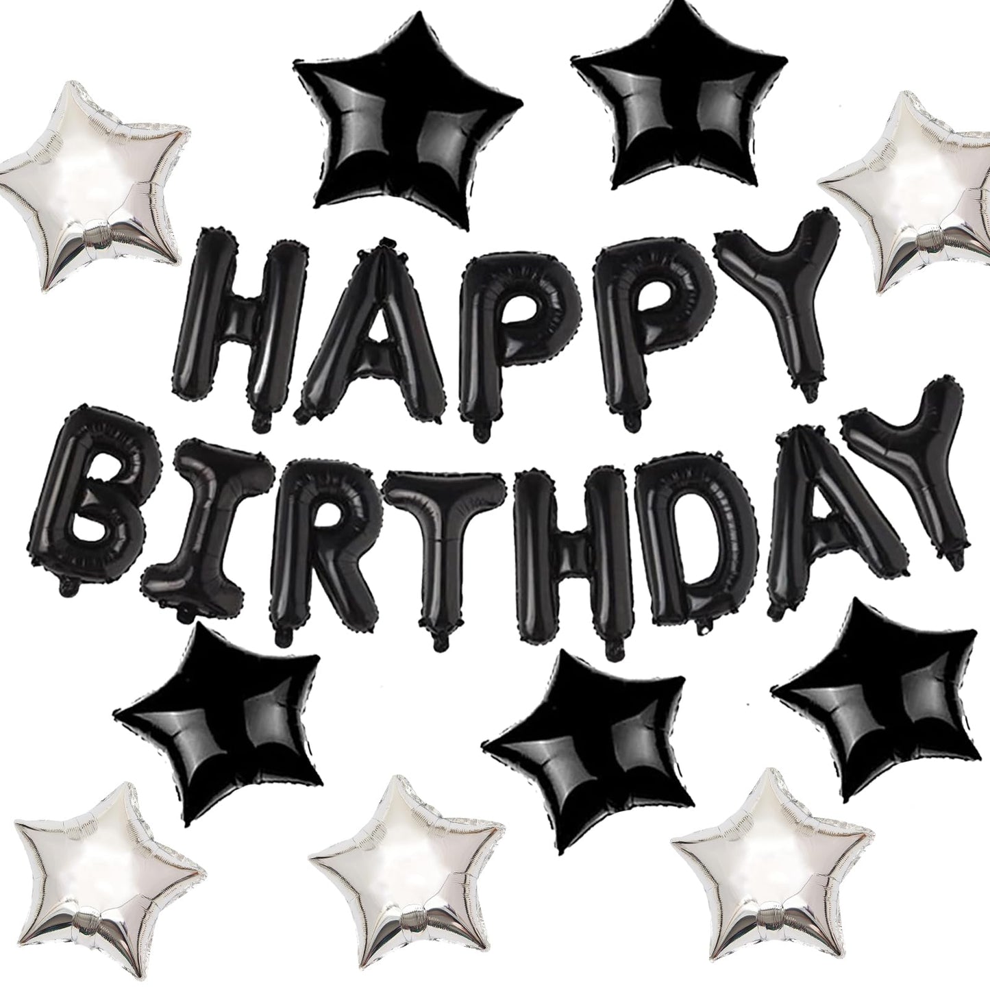 Big Black Happy Birthday Banner (3D Silvler) Mylar Foil Happy Birthday Balloons, 27Pcs Birthday Party Decorations With 10Pcs Ext