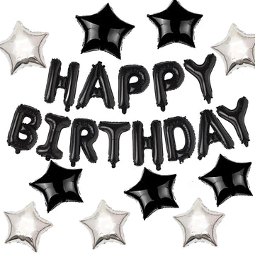 Big Black Happy Birthday Banner (3D Silvler) Mylar Foil Happy Birthday Balloons, 27Pcs Birthday Party Decorations With 10Pcs Ext
