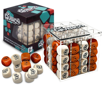 Qubic4 4 in A Row Game - 3D Strategy Board Game, Wooden Cubes, Brown, White, Transparent Acrylic Cube, Perfect for All Ages