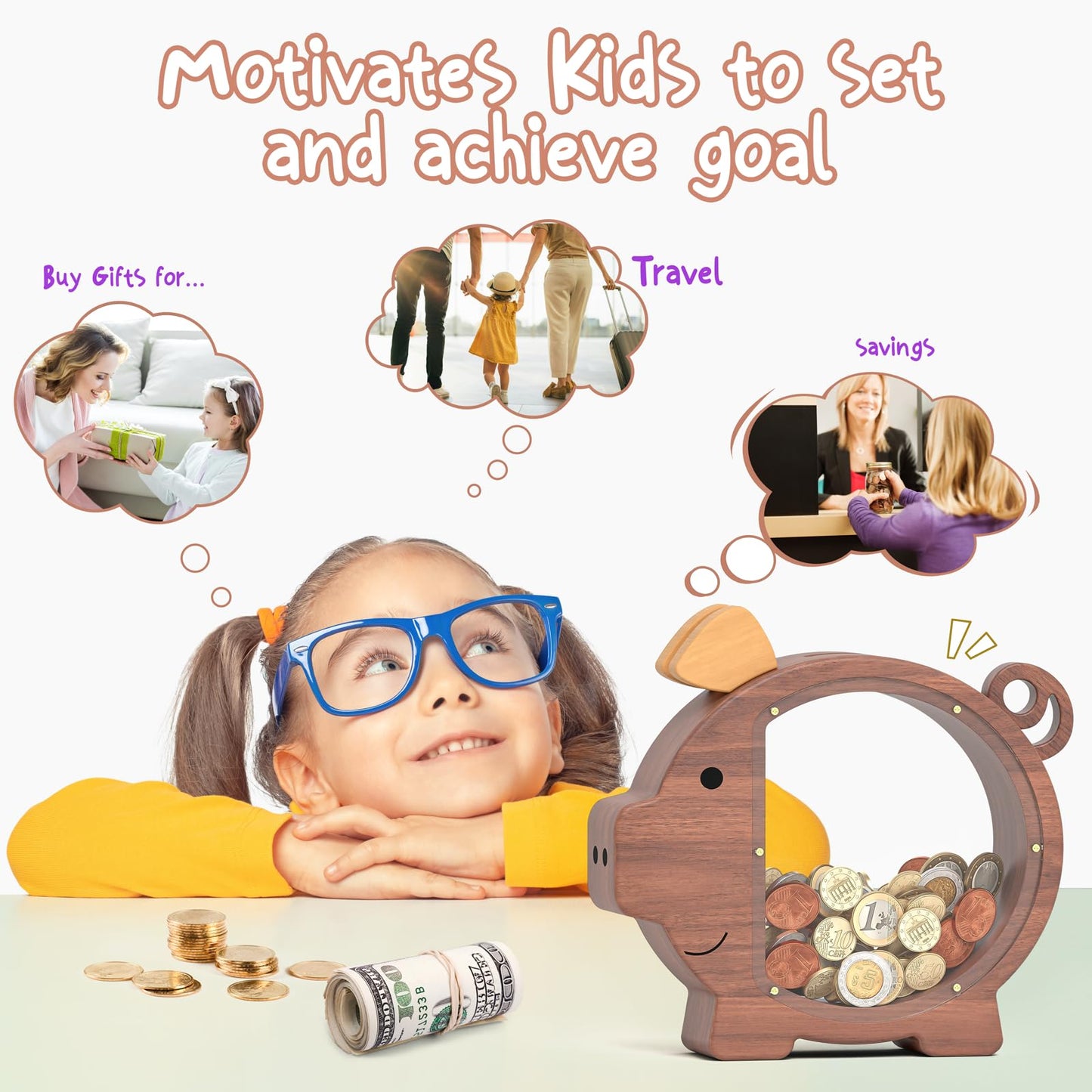 Summidate Wooden Piggy Bank For Boys, Large Unbreakable Money Bank For Kids Adults, Bills Coin Change Money Saving Money Jar Personalized Present For Birthday Christmas& Decor