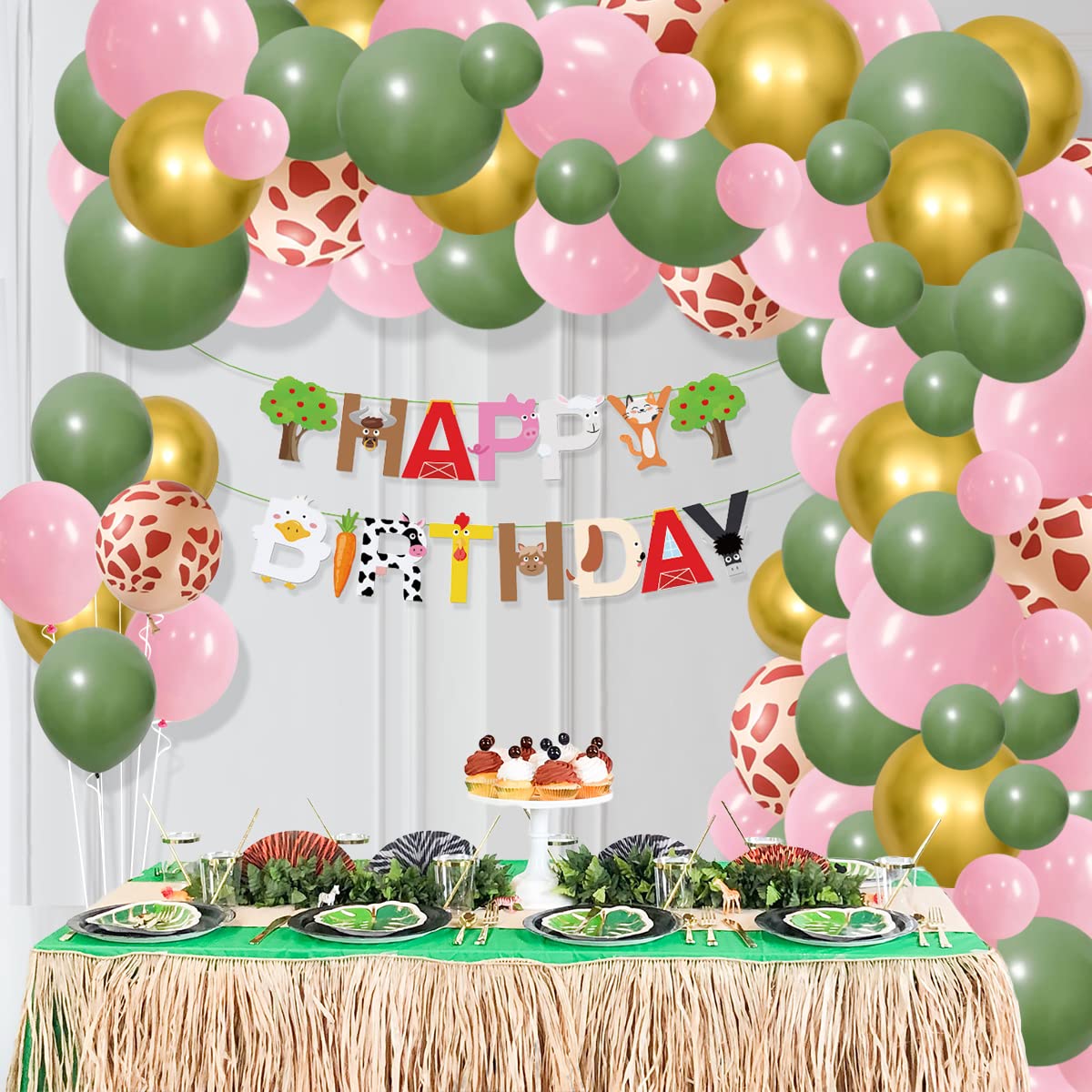 Sage Green And Pink Balloon Garland Arch Kit, 122Pcs Pink Sage Green Metallic Gold Balloons Leopard Print Balloons For Jungle Bi